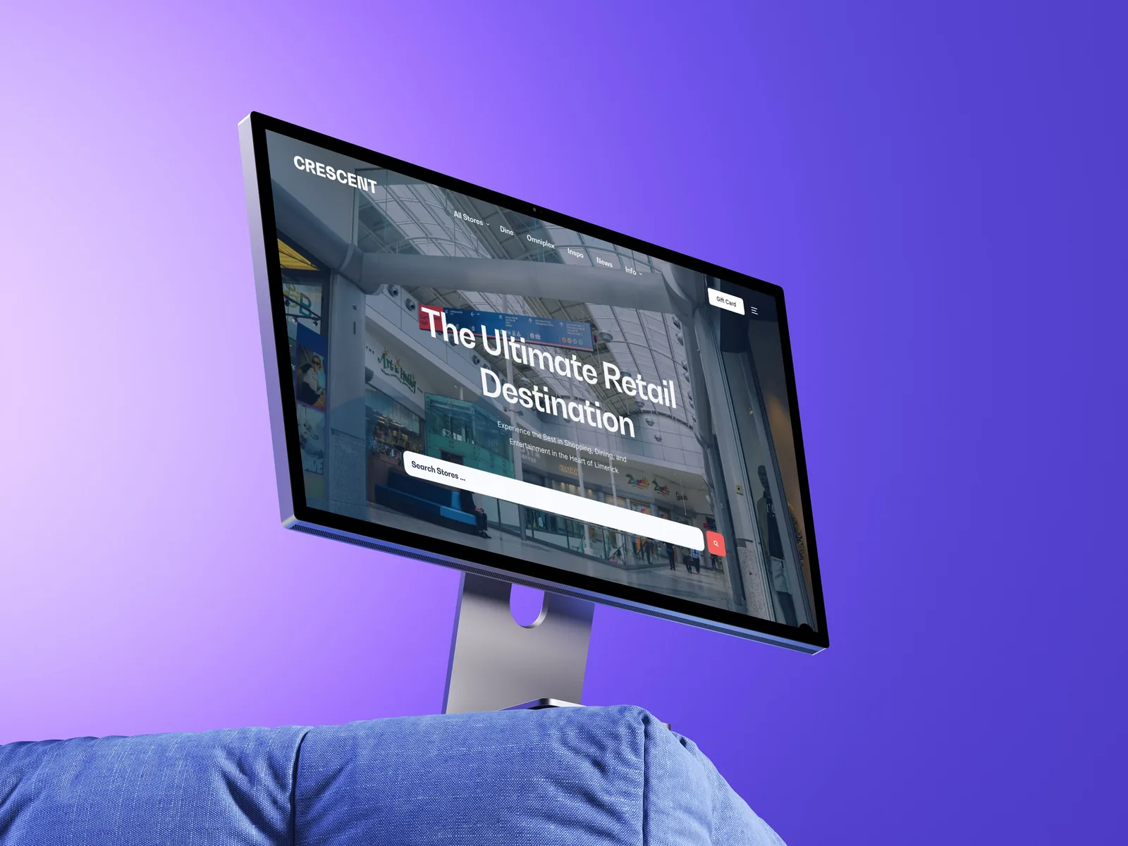 Crescent Shopping Centre website displayed against a vivid violet background