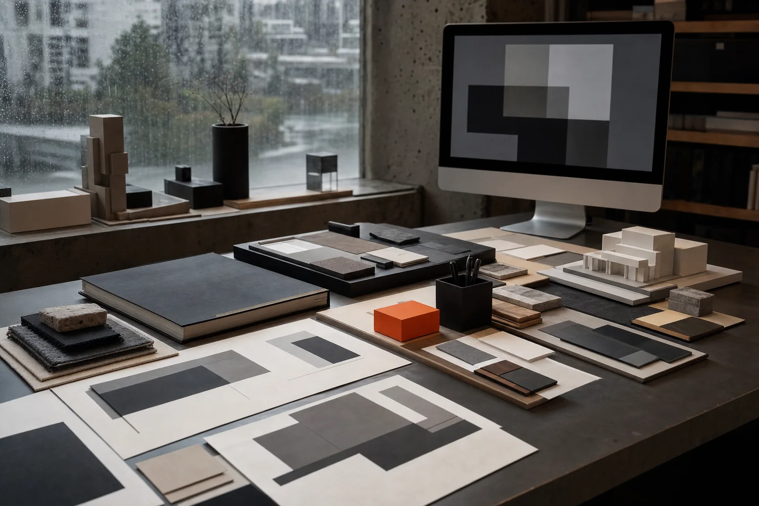 Material studies and design work in a rain-lit studio